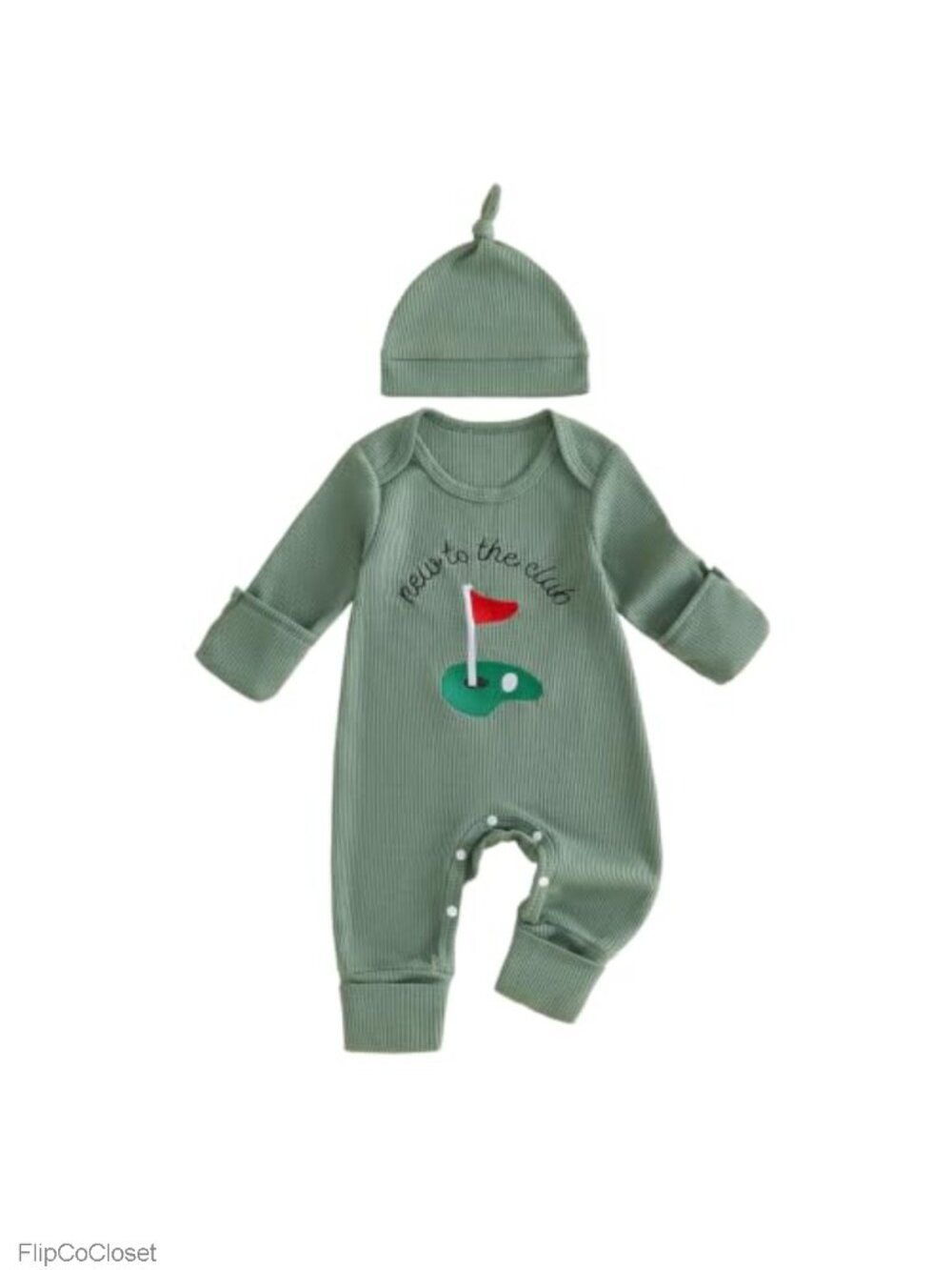 Baby Boy Waffle Knit Romper & Hat Set Long Sleeve Embroidered